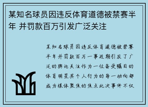 某知名球员因违反体育道德被禁赛半年 并罚款百万引发广泛关注